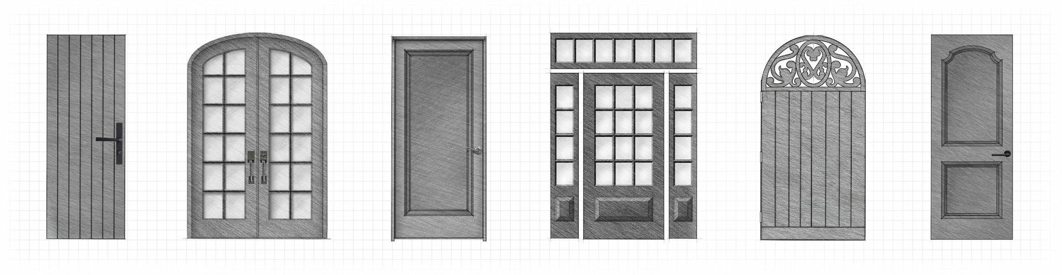 Architectural sketches of custom interior and exterior wood doors, showcasing luxury door designs crafted by Rockwood Door & Millwork in Millersburg, Ohio.