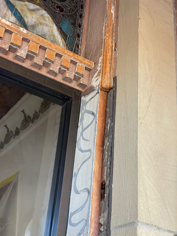 Close-up of wood trim and restoration details around courthouse entrance doors at Perry County Courthouse, Ohio.